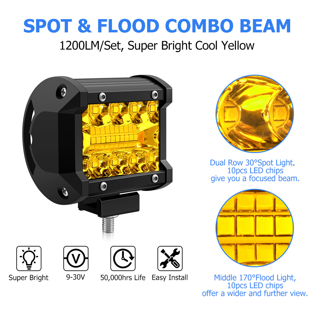 WinPower 4 Inch LED Pods, 120W 1200LM Flood Spot Combo Beam Pods Lights Off Road Light Bar Fog Lights Driving Work Light for Truck Pickup ATV UTV SUV Trailer Boat, Yellow