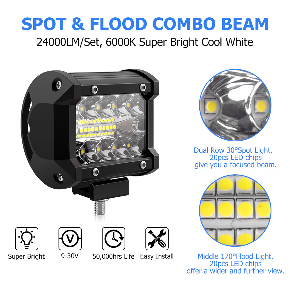 WinPower 4 Inch LED Pods, 120W 1200LM Flood Spot Combo Beam Pods Lights Off Road Light Bar Fog Lights Driving Work Light for Truck Pickup ATV UTV SUV Trailer Boat, White