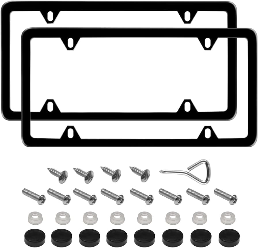 WinPower 2pcs Stainless Steel License Plate Frames Rustproof Holder Fit Standard US/CA License Plate 4 Holes, Black