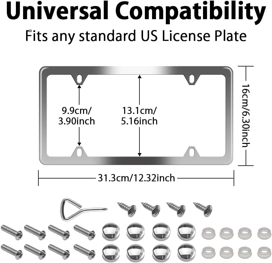 WinPower 2pcs Stainless Steel License Plate Frames Rustproof Holder Fit Standard US/CA License Plate 4 Holes