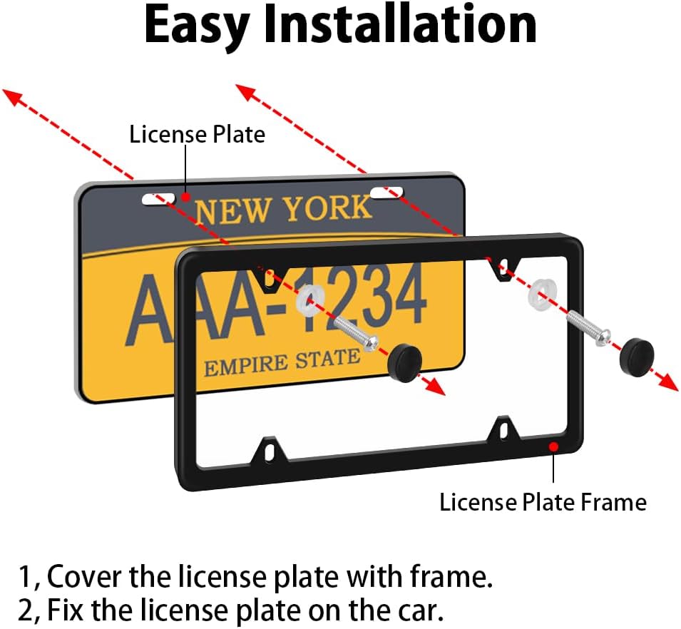 WinPower 2pcs Stainless Steel License Plate Frames Rustproof Holder Fit Standard US/CA License Plate 4 Holes, Black