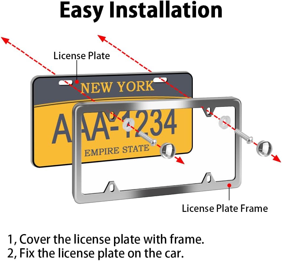 WinPower 2pcs Stainless Steel License Plate Frames Rustproof Holder Fit Standard US/CA License Plate 4 Holes