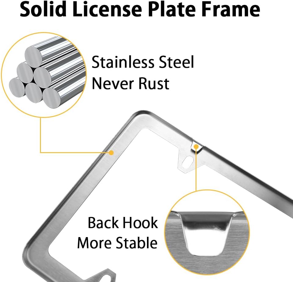 WinPower 2pcs Stainless Steel License Plate Frames Rustproof Holder Fit Standard US/CA License Plate 4 Holes