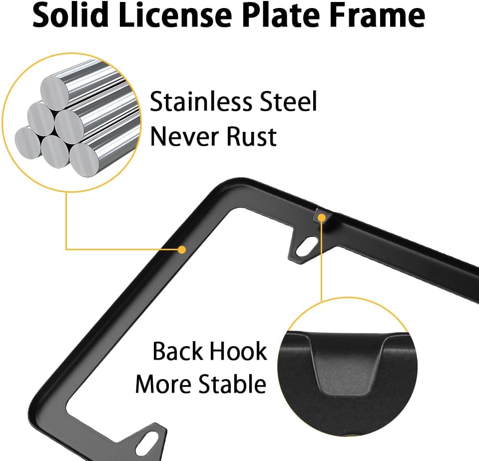 WinPower 2pcs Stainless Steel License Plate Frames Rustproof Holder Fit Standard US/CA License Plate 4 Holes, Black