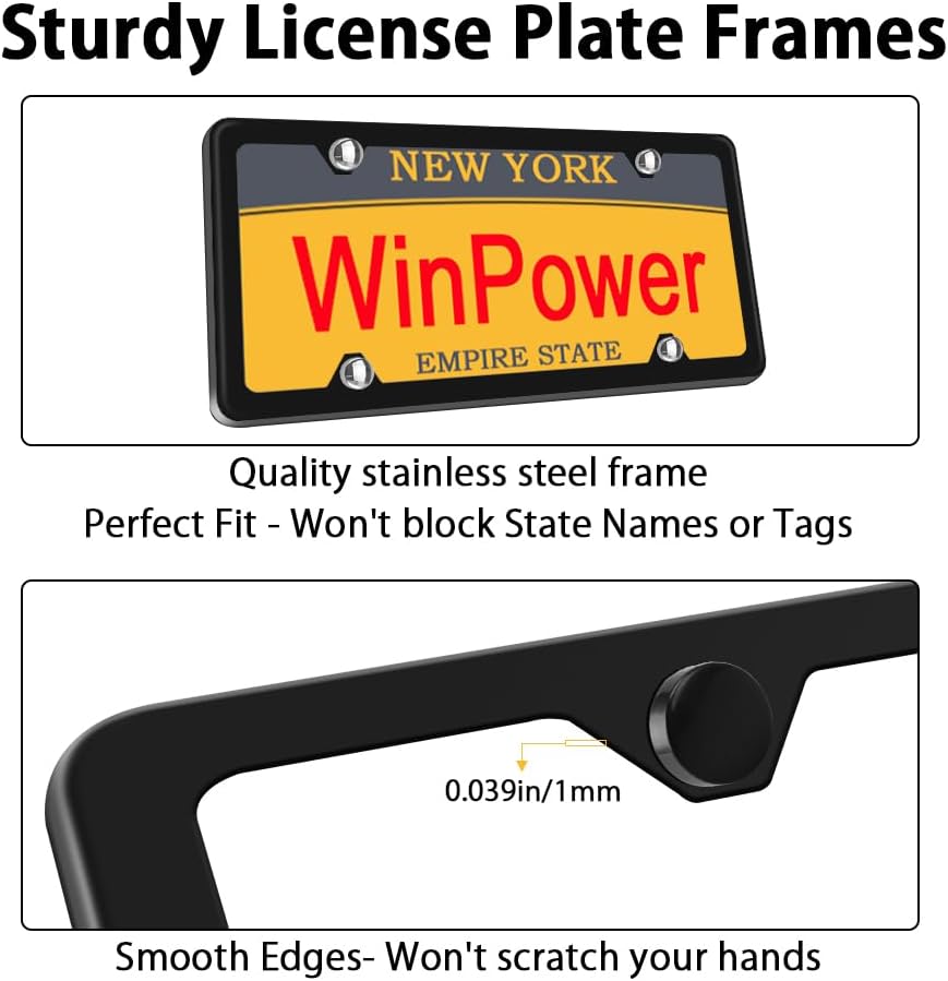 WinPower 2pcs Stainless Steel License Plate Frames Rustproof Holder Fit Standard US/CA License Plate 4 Holes, Black