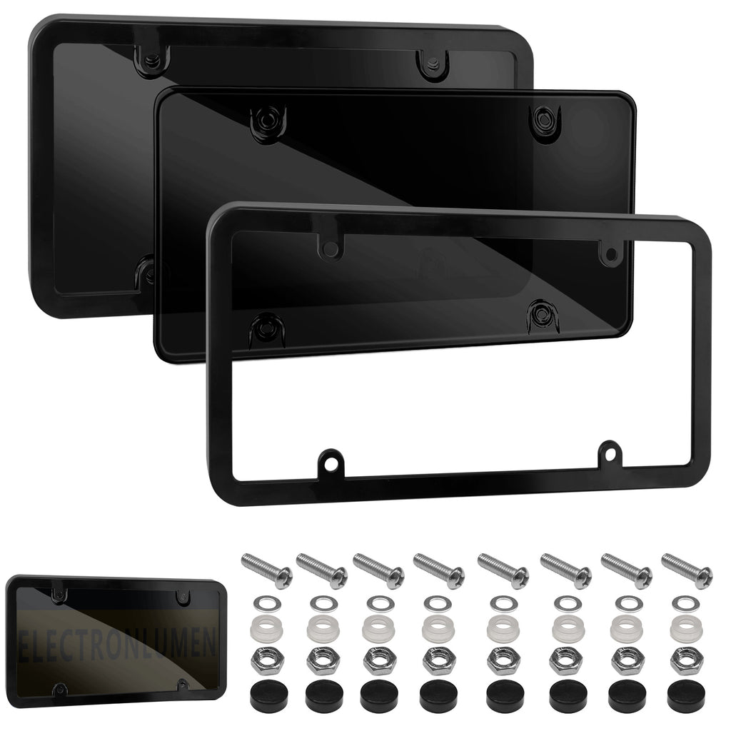 Tinted Black License Plate Covers & Frame Holder Combo Fits Standard US Plates PC Material Unbreakable Smoked Number License Plate Protector, Pack of 2