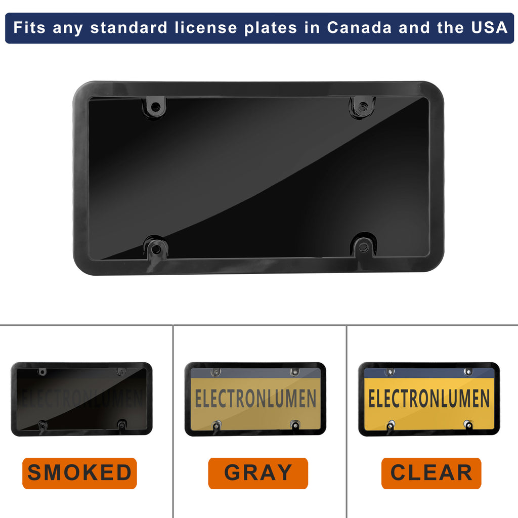 2 UNBREAKABLE TINTED SMOKE LICENSE PLATE SHIELD COVER + 2 BLACK FRAMES + 8  BLACK SCREW CAPS 