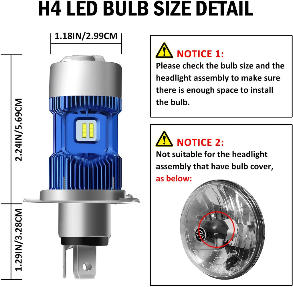 H4 (P43t)/ HS1 Motorcycle LED Headlights Bulb Size