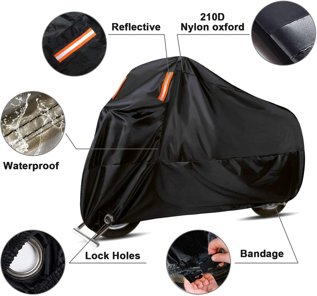 Outdoor Waterproof Motorcycle Cover Snow Bike Cover for All Motors, Black