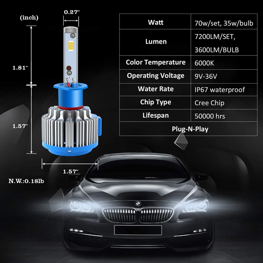 WinPower H1 LED Headlight Bulbs CREE 70W 6000K 7200LM High Beam,Low  Beam,Fog Lights Cool White Conversion Kit,Canbus-2 – winpower